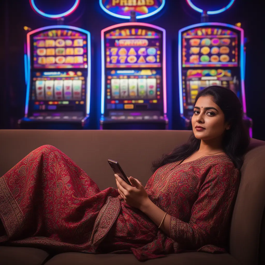 XX9999 App – A seamless and stylish mobile casino experience for players in Bangladesh Confident Bangladeshi woman browsing the XX9999 casino app on her phone with glowing slot machines and neon casino lights behind her