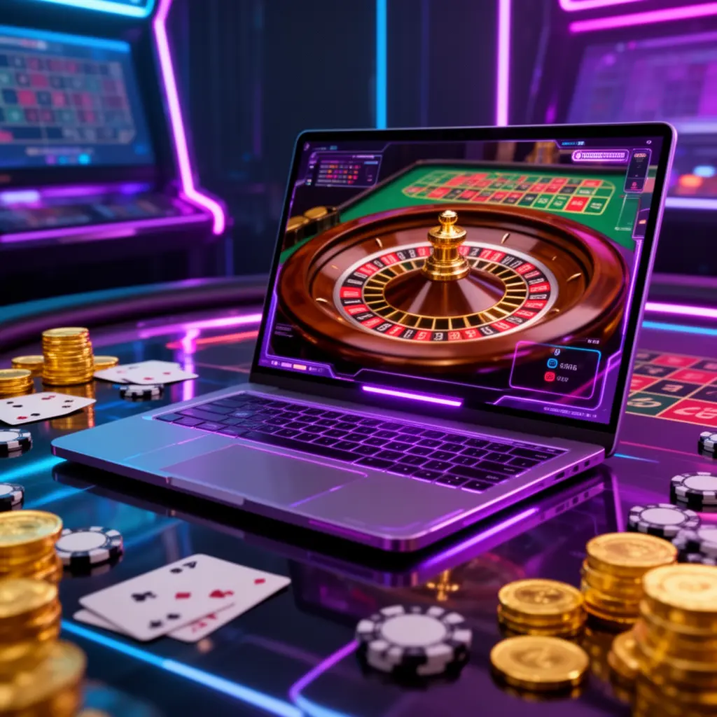 XX9999 – Discover thrilling roulette and casino games online Sleek modern laptop displaying a vibrant roulette wheel surrounded by casino chips and coins representing the thrilling online casino games offered by XX9999 in Bangladesh