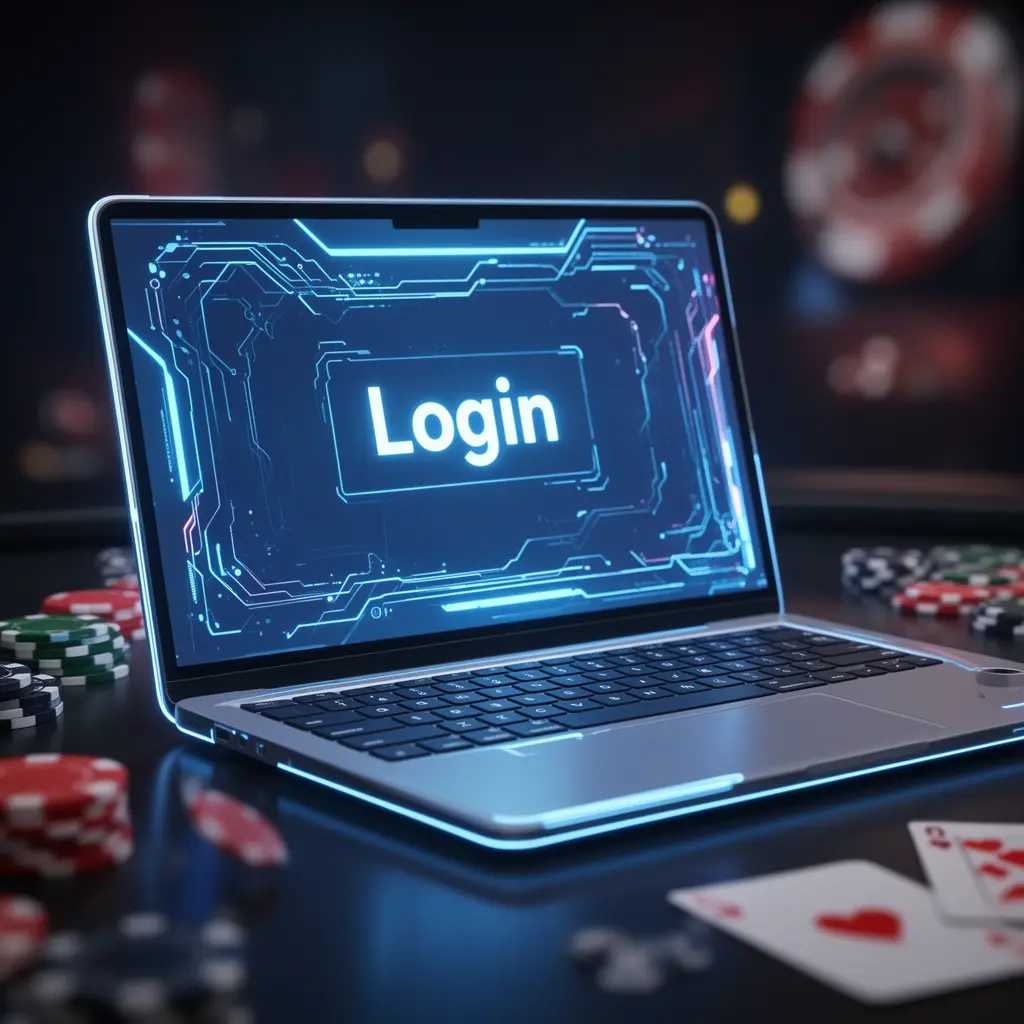 XX9999 Login – Secure and fast access to your gaming account in Bangladesh Futuristic XX9999 login screen on a laptop with glowing interface and blurred casino cards and chips in the background