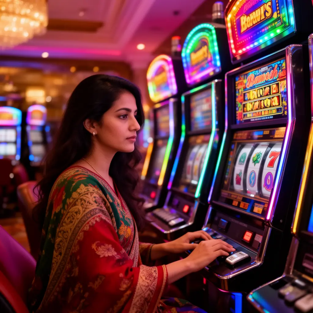 XX9999 – Experience premium slot gameplay designed for Bangladeshi players A focused Bangladeshi player enjoying premium slot gameplay at XX9999 casino surrounded by vibrant casino lights and a modern gaming atmosphere
